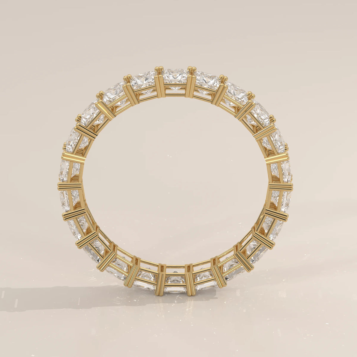 Slim Princess Cut Diamond Full Eternity Wedding Band in Gold in yellow gold, photographed head-on.