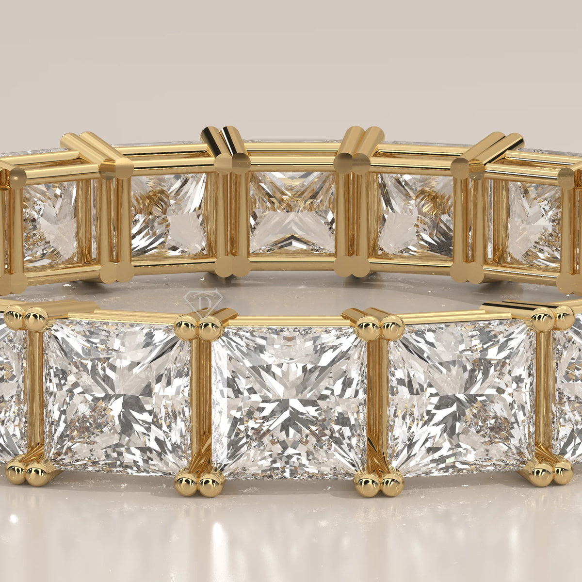 Slim Princess Cut Diamond Full Eternity Wedding Band in Gold in yellow gold, front view on a plain background.