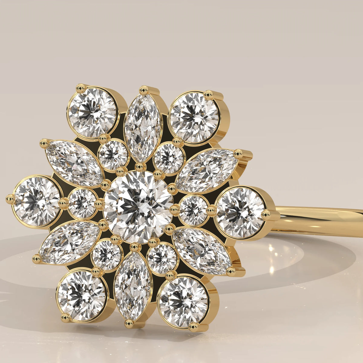 Round Lab Grown Diamond Flower Cluster Ring with Marquise Petals in yellow gold, product photograph on a plain background.