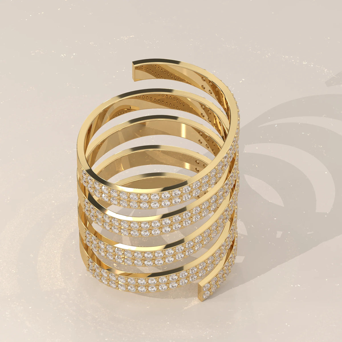 Round Lab Grown Diamond Five Coil Wrap Ring with Triple Row Pave in yellow gold, photographed head-on.