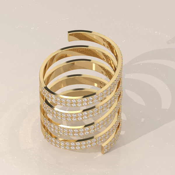 Round Lab Grown Diamond Five Coil Wrap Ring with Triple Row Pave in yellow gold, photographed head-on.