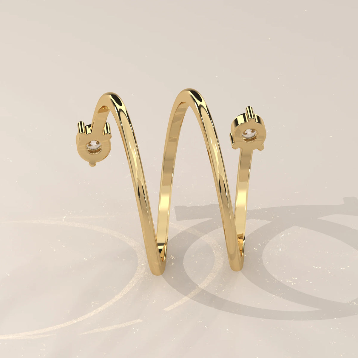 Round Lab Grown Diamond Spiral Wrap Ring with Two Claw Set Ends in yellow gold, photographed head-on.