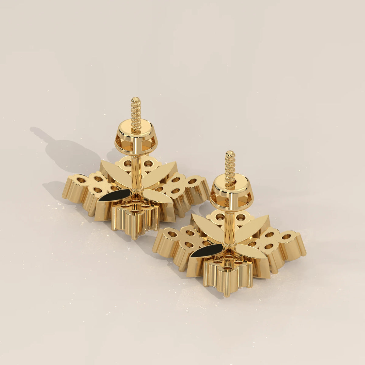 Square Cluster Lab Grown Diamond Studs with Four Point Gold Motif in yellow gold, product photograph on a plain background.