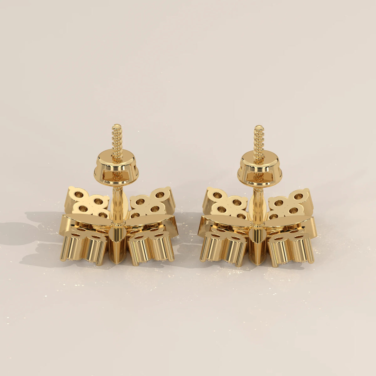 Square Cluster Lab Grown Diamond Studs with Four Point Gold Motif in yellow gold, front view on a plain background.