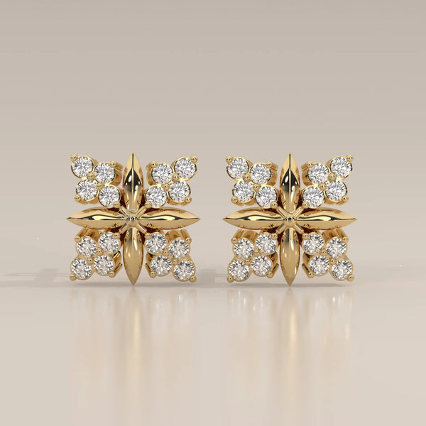 Square Cluster Lab Grown Diamond Studs with Four Point Gold Motif in yellow gold, shown from the front.