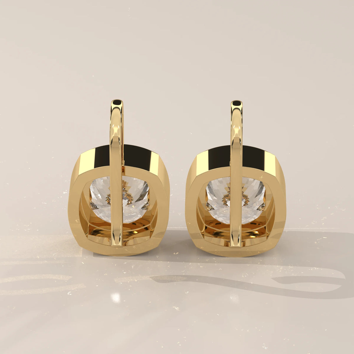 Square Cushion Bezel Lab Grown Diamond Drop Earrings on Gold Hook in yellow gold, photographed at a three-quarter angle.
