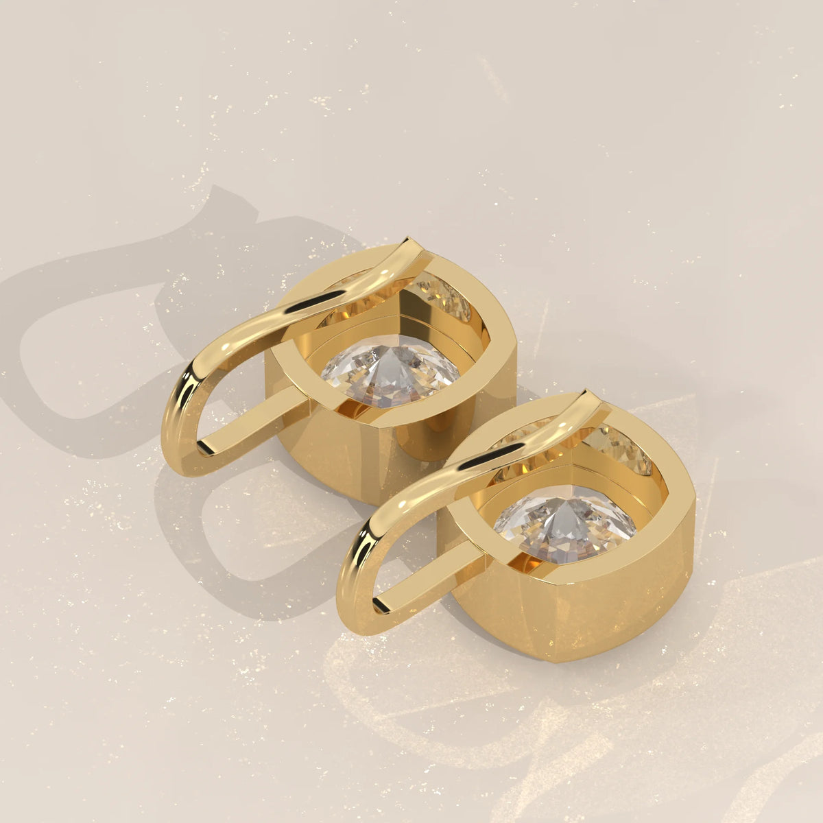 Square Cushion Bezel Lab Grown Diamond Drop Earrings on Gold Hook in yellow gold, angled view on a plain background.