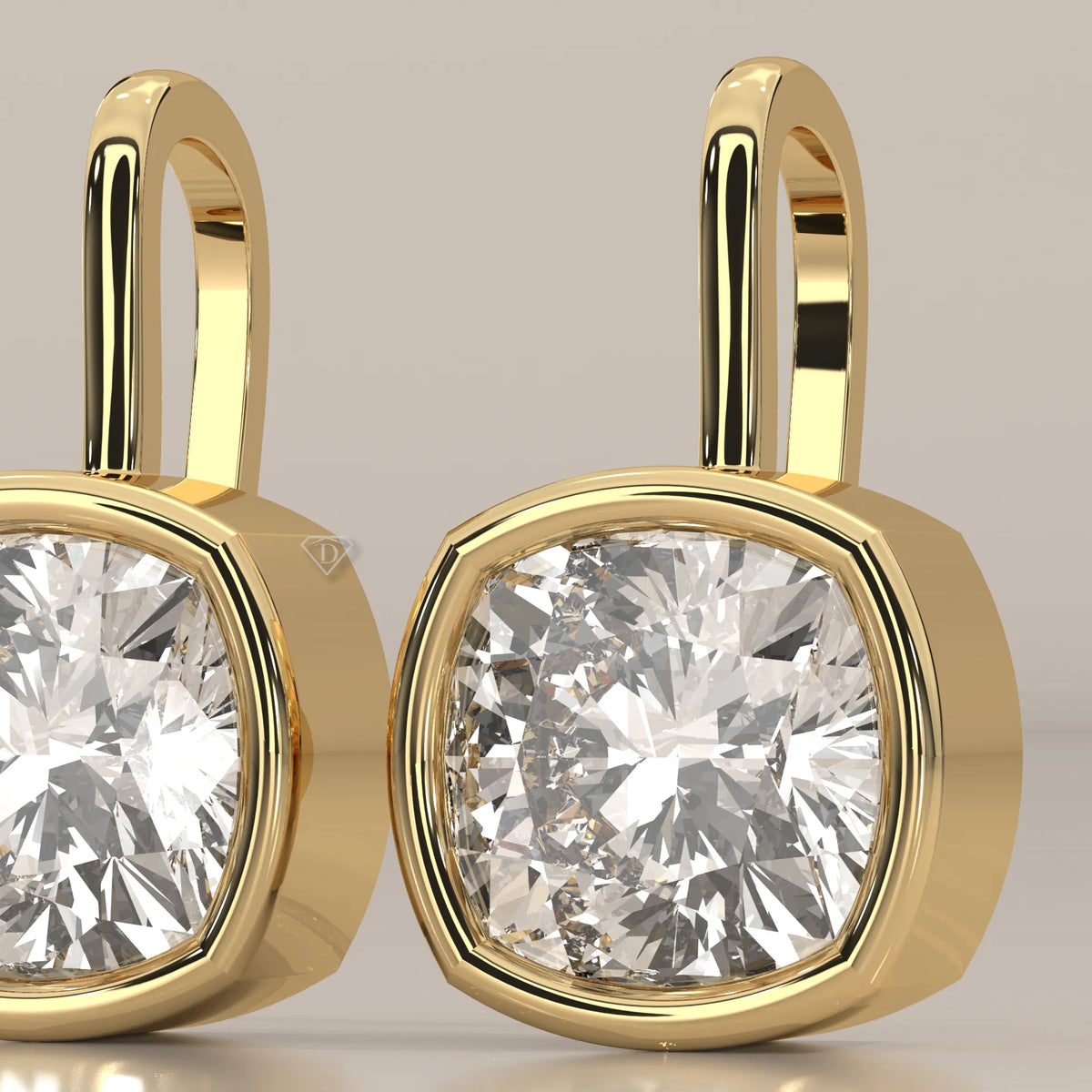 Square Cushion Bezel Lab Grown Diamond Drop Earrings on Gold Hook in yellow gold, photographed head-on.