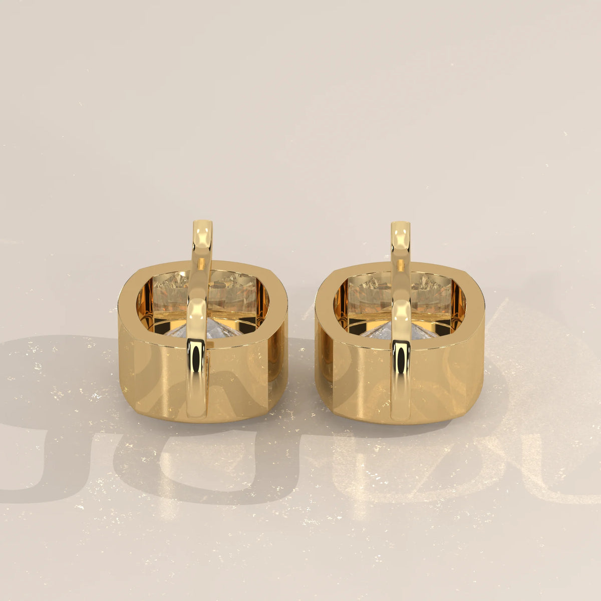 Square Cushion Bezel Lab Grown Diamond Drop Earrings on Gold Hook in yellow gold, front view on a plain background.