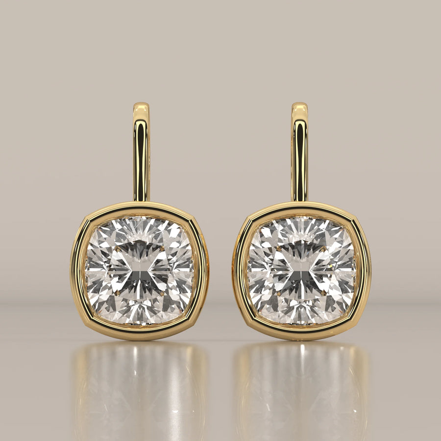 Square Cushion Bezel Lab Grown Diamond Drop Earrings on Gold Hook in yellow gold, shown from the front.