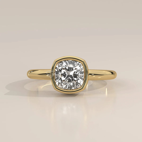 Front View: Cushion Diamond Ring with Bezel Setting in Yellow Gold – Lab Grown – Driona Jewels