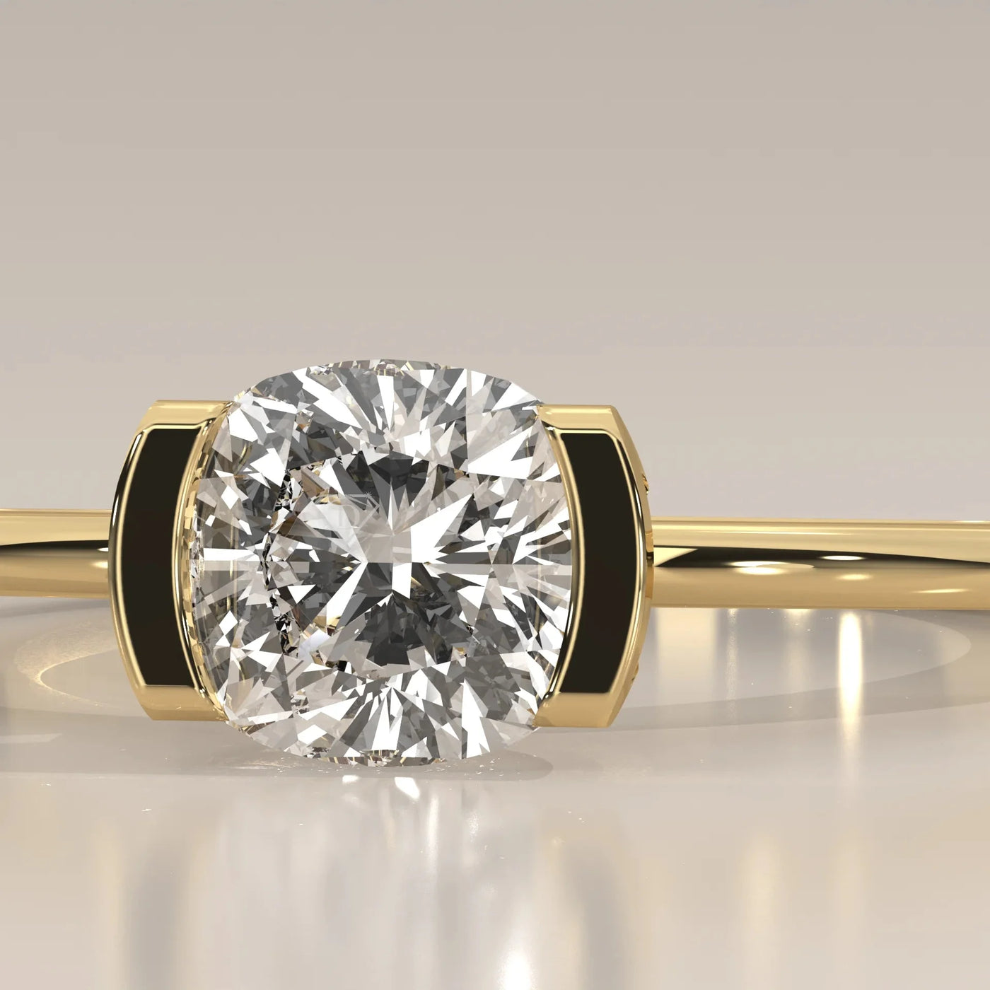 Close-Up: Cushion Diamond Ring with Tension Setting in Yellow Gold – Lab Grown – Driona Jewels