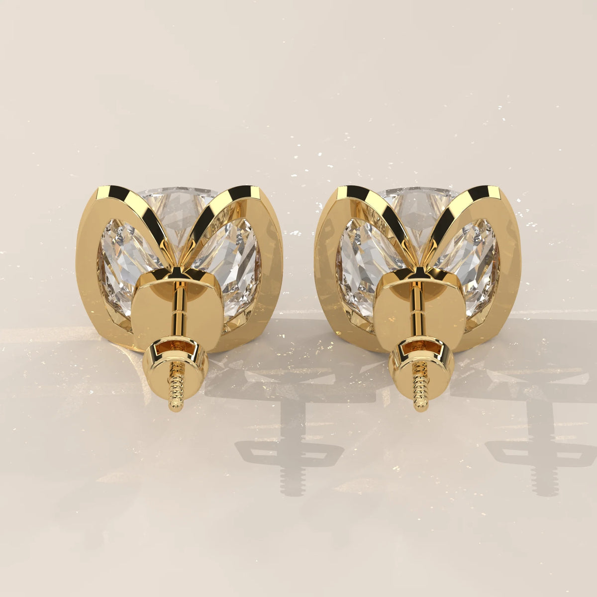 Square Cushion Half Bezel Lab Grown Diamond Stud Earrings in yellow gold, shown on a plain background.