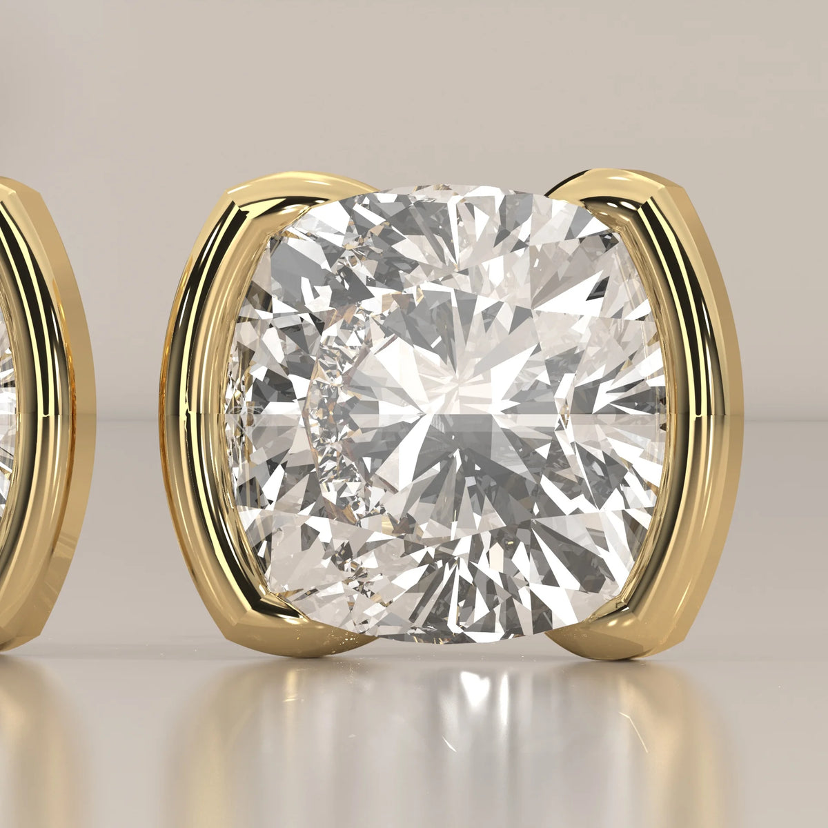 Square Cushion Half Bezel Lab Grown Diamond Stud Earrings in yellow gold, photographed head-on.