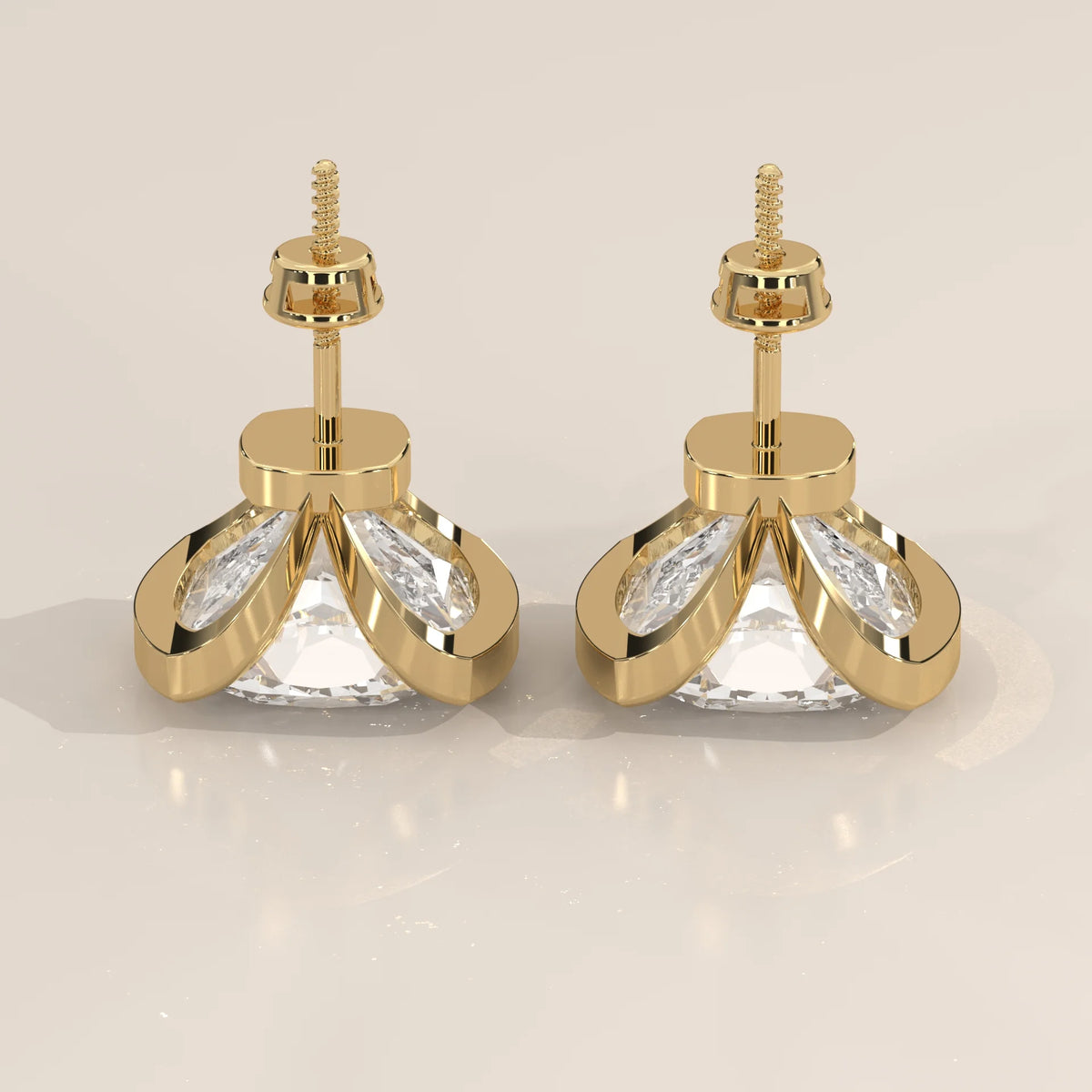 Square Cushion Half Bezel Lab Grown Diamond Stud Earrings in yellow gold, front view on a plain background.