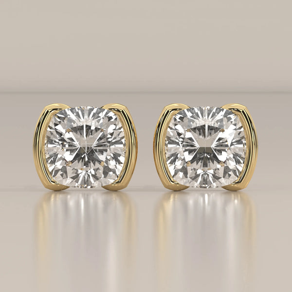 Square Cushion Half Bezel Lab Grown Diamond Stud Earrings in yellow gold, shown from the front.