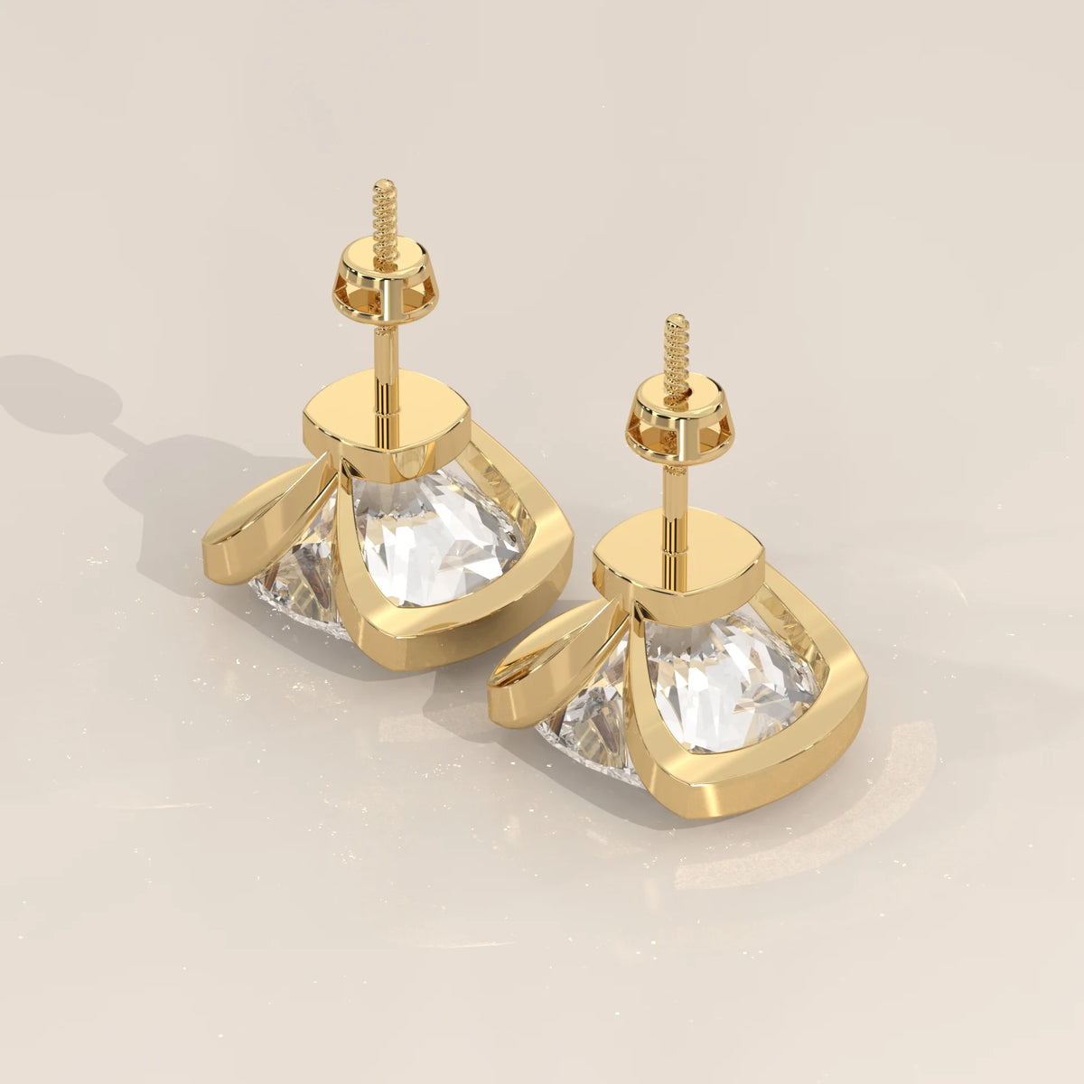 Square Cushion Half Bezel Lab Grown Diamond Stud Earrings in yellow gold, side profile view.