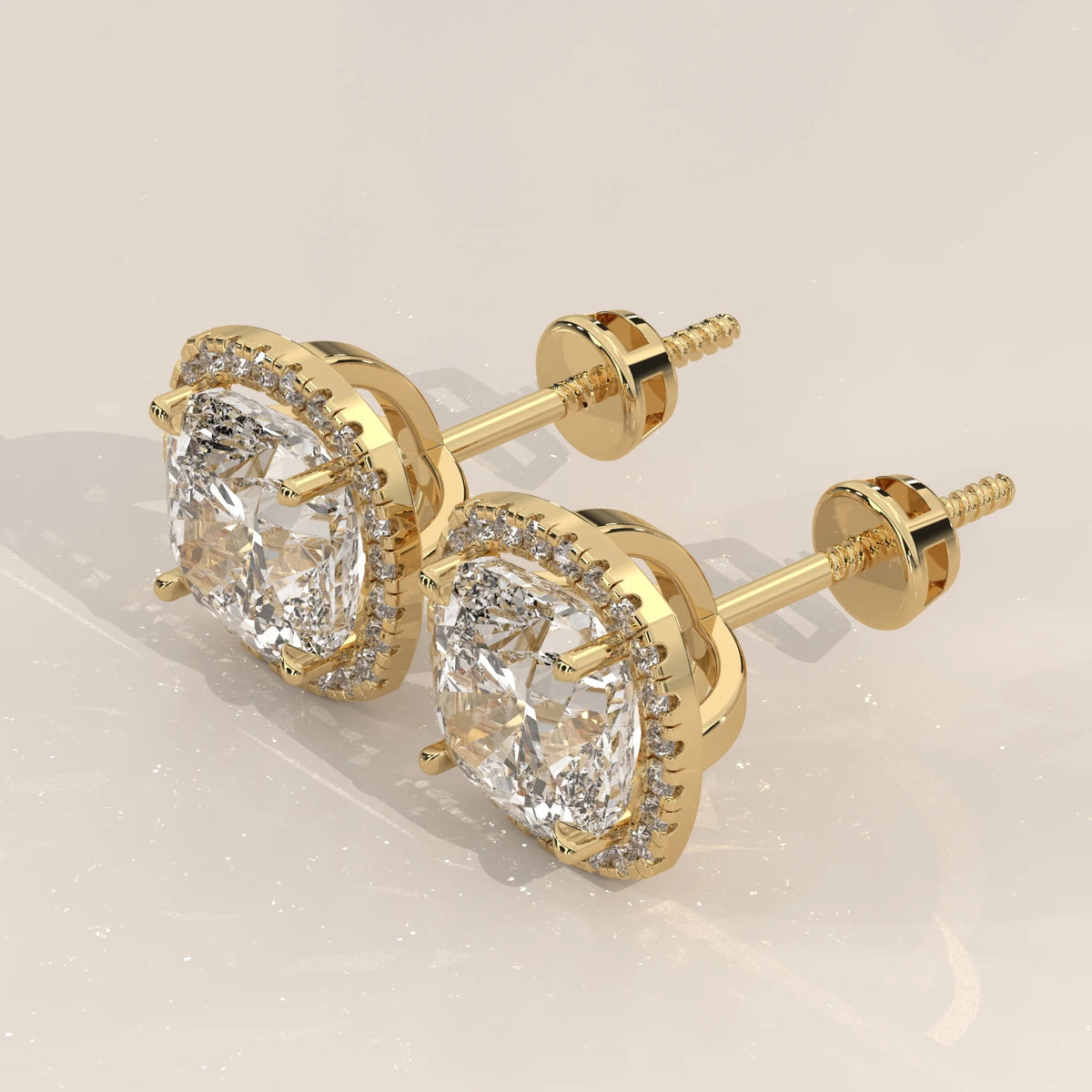Square Cushion Halo Lab Grown Diamond Studs with Arched Basket in yellow gold, shown on a plain background.