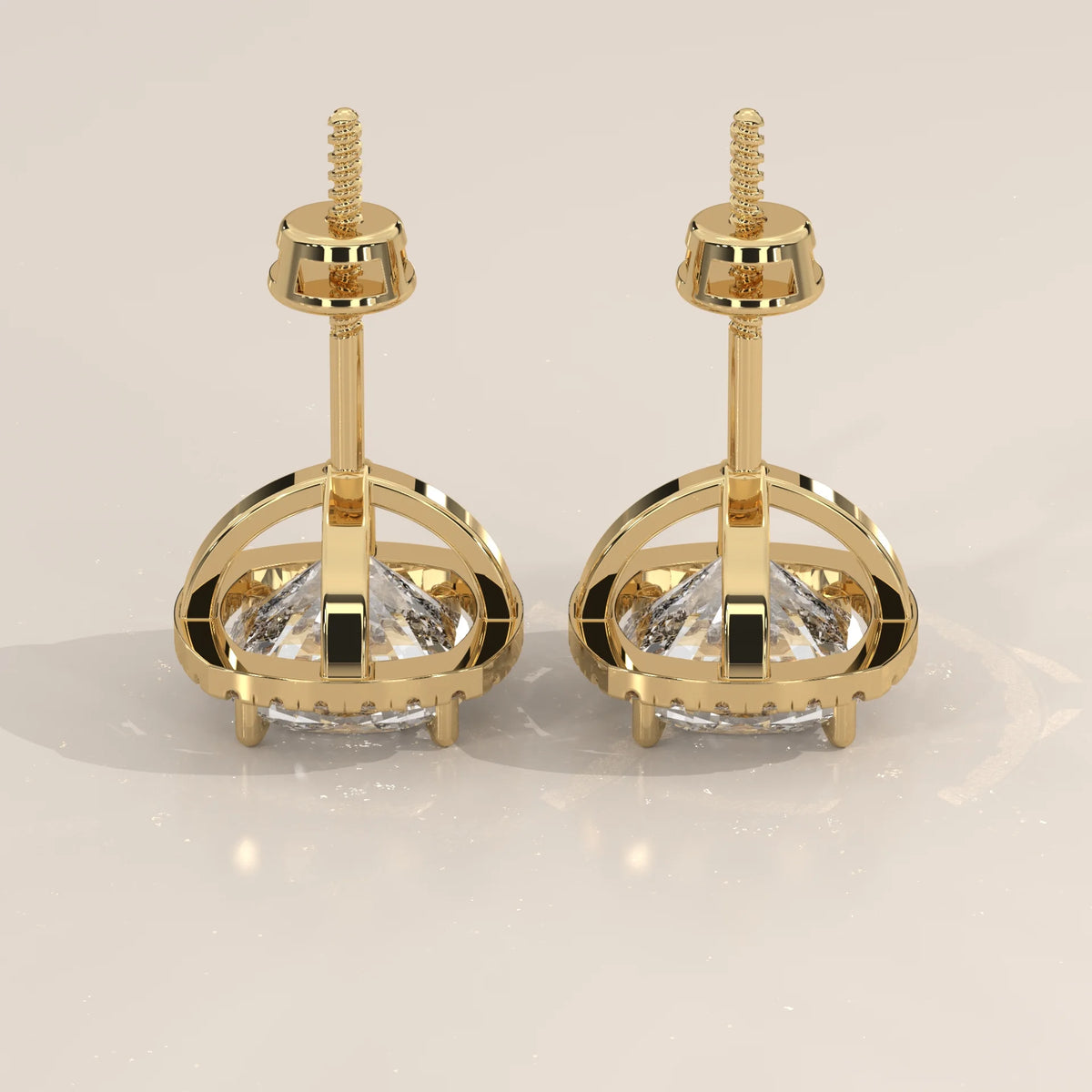 Square Cushion Halo Lab Grown Diamond Studs with Arched Basket in yellow gold, product photograph on a plain background.