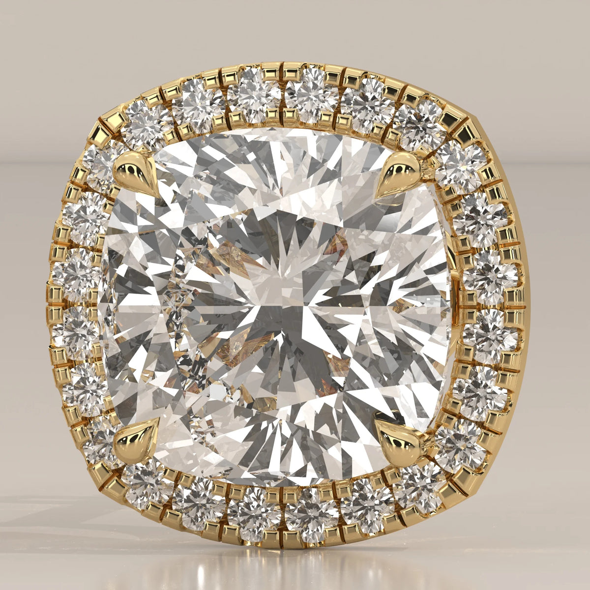 Square Cushion Halo Lab Grown Diamond Studs with Arched Basket in yellow gold, front view on a plain background.