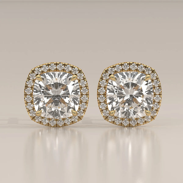 Square Cushion Halo Lab Grown Diamond Studs with Arched Basket in yellow gold, shown from the front.