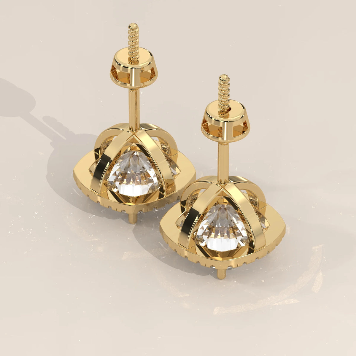Square Cushion Halo Lab Grown Diamond Studs with Arched Basket in yellow gold, shown from the side.