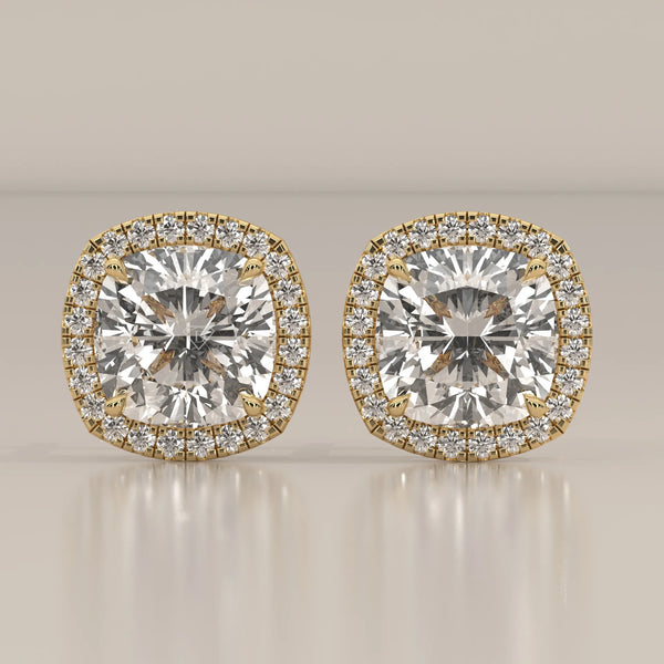 Square Cushion Halo Lab Grown Diamond Studs with Bar Gallery in yellow gold, shown from the front.