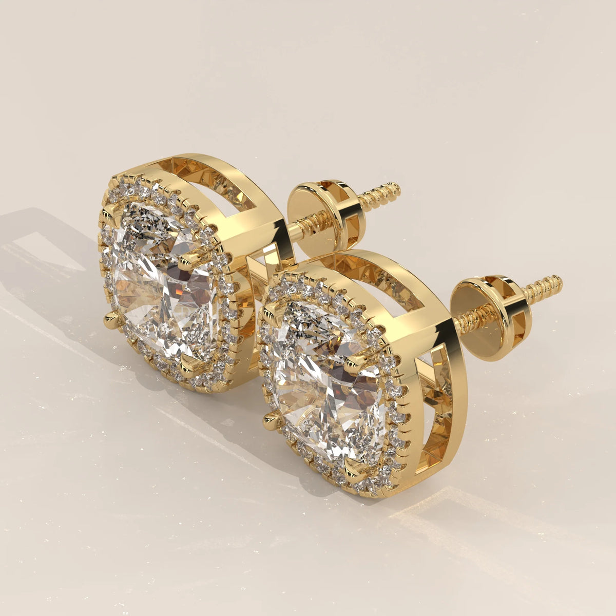 Square Cushion Halo Lab Grown Diamond Studs with Bar Gallery in yellow gold, shown from the side.