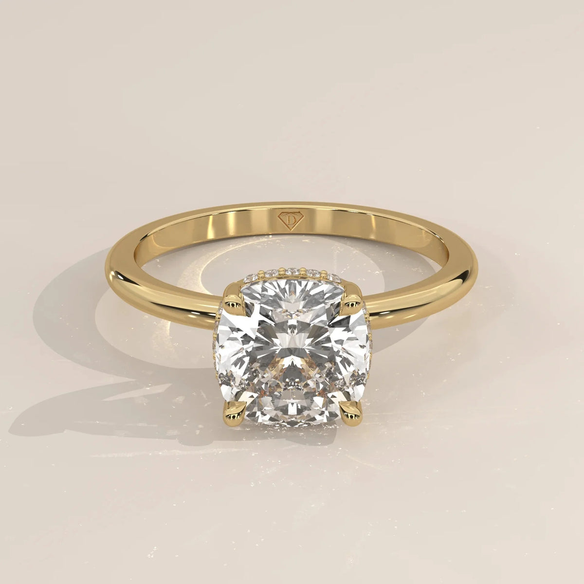 Front View: Cushion Diamond Ring with Hidden Halo Setting in Yellow Gold – Lab Grown – Driona Jewels