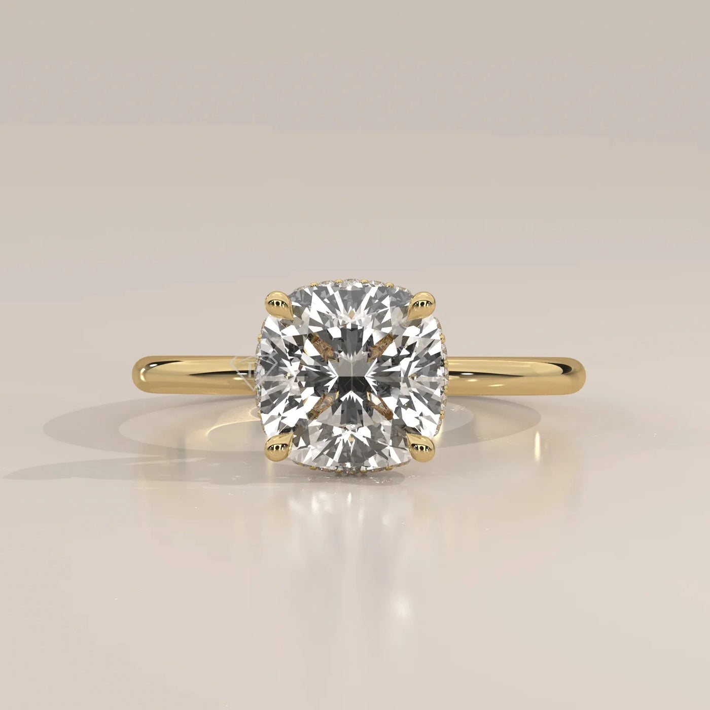 Front View: Cushion Diamond Ring with Hidden Halo Setting in Yellow Gold – Lab Grown – Driona Jewels