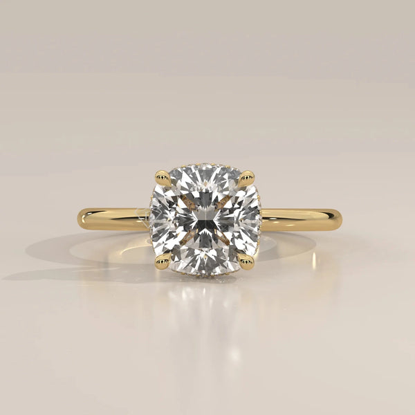 Front View: Cushion Diamond Ring with Hidden Halo Setting in Yellow Gold – Lab Grown – Driona Jewels