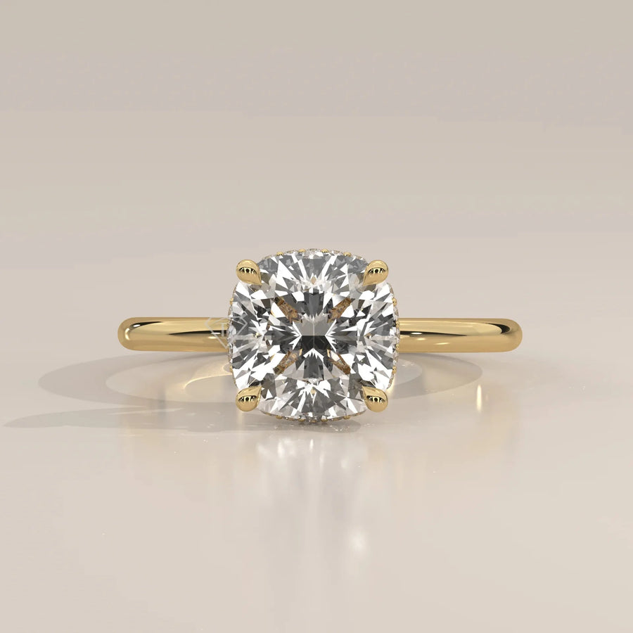 Front View: Cushion Diamond Ring with Hidden Halo Setting in Yellow Gold – Lab Grown – Driona Jewels