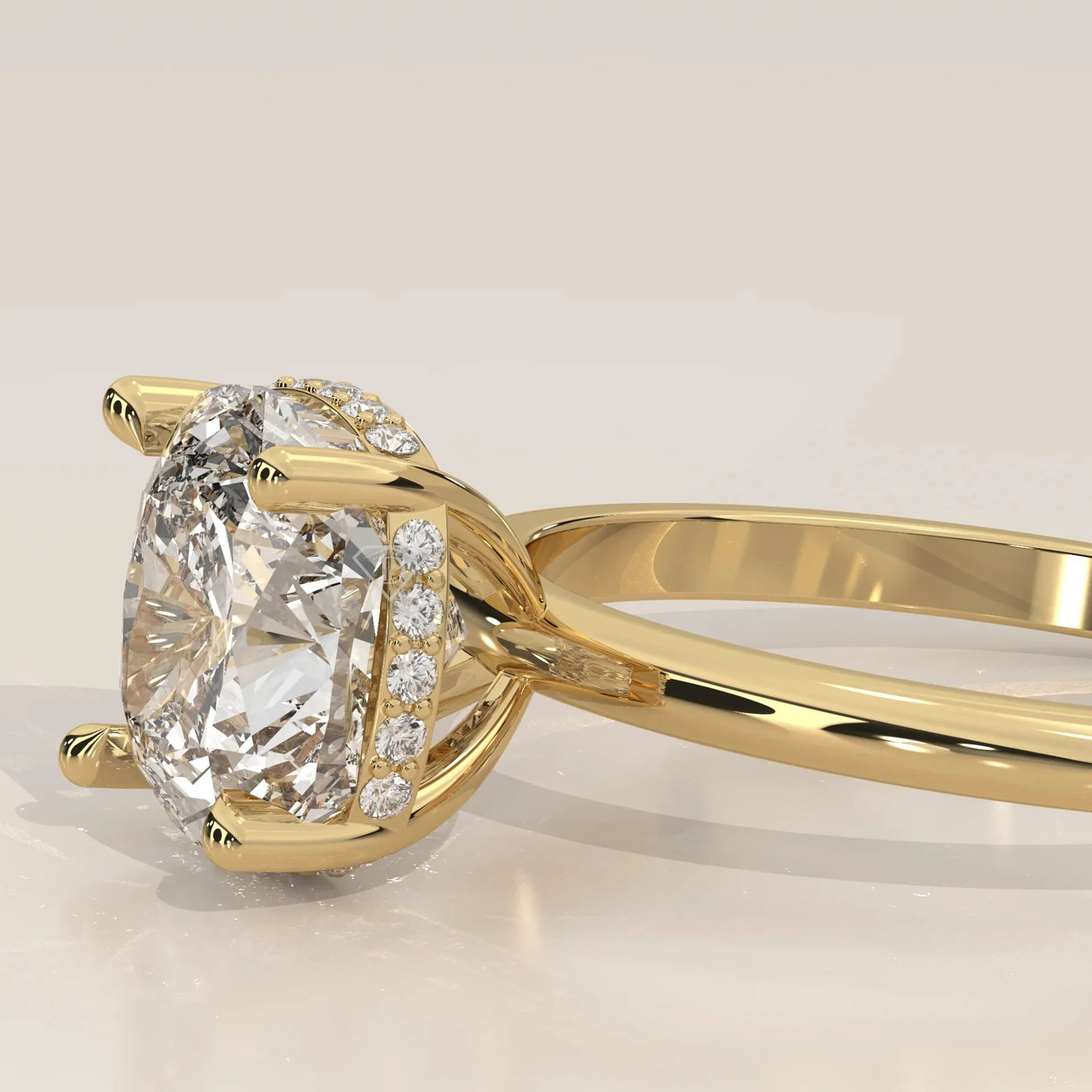 Side Profile: Cushion Diamond Ring with Hidden Halo Setting in Yellow Gold – Lab Grown – Driona Jewels