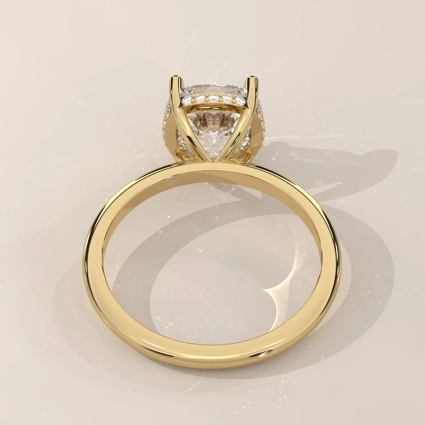 Side Profile: Cushion Diamond Ring with Hidden Halo Setting in Yellow Gold – Lab Grown – Driona Jewels