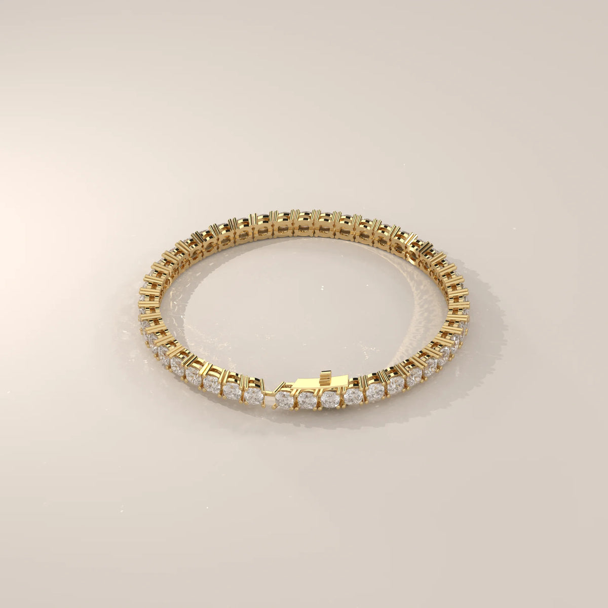 Square Cushion Lab Grown Diamond Tennis Bracelet, Four Prong in yellow gold, photographed at a three-quarter angle.