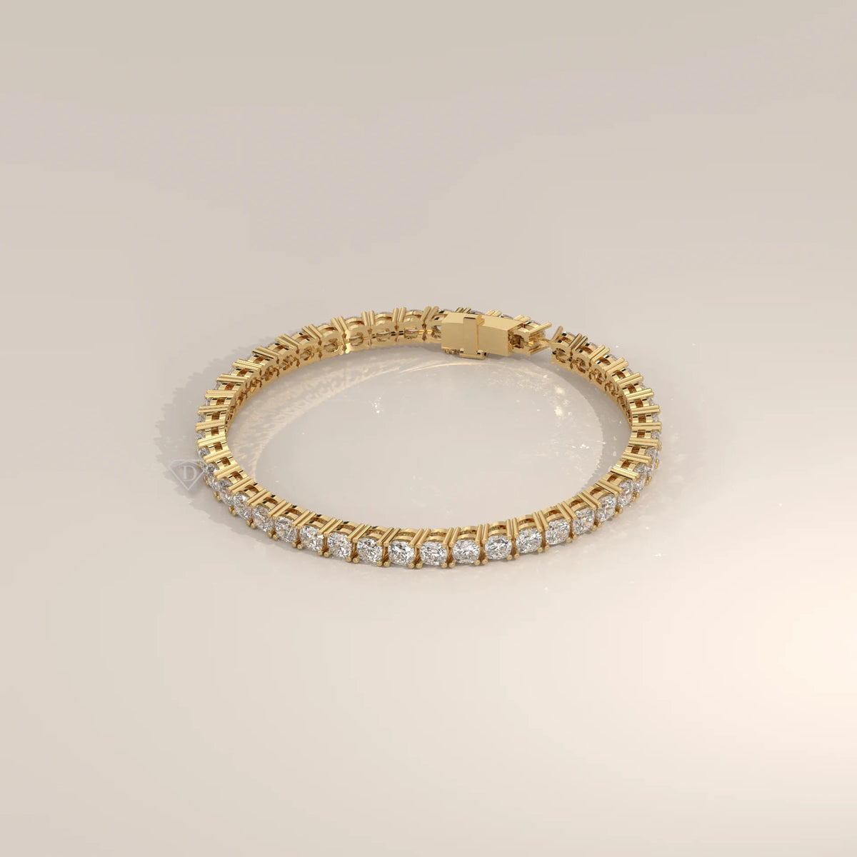 Square Cushion Lab Grown Diamond Tennis Bracelet, Four Prong in yellow gold, shown at an angle.