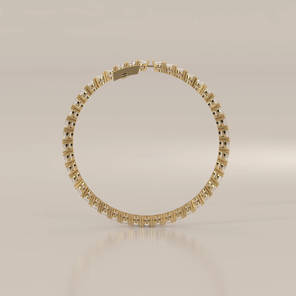 Square Cushion Lab Grown Diamond Tennis Bracelet, Four Prong in yellow gold, shown from the side.