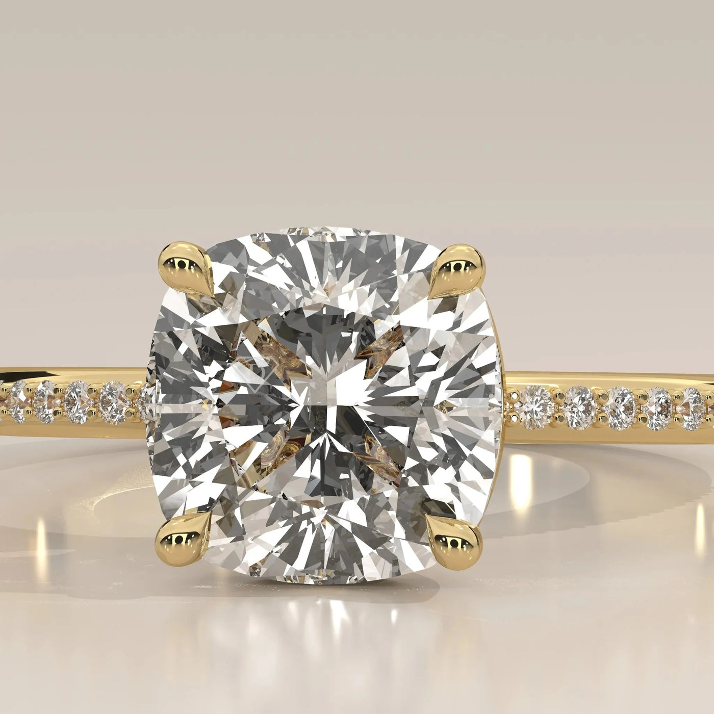 Front View: Cushion Diamond Ring with Pavé Setting in Yellow Gold – Lab Grown – Driona Jewels
