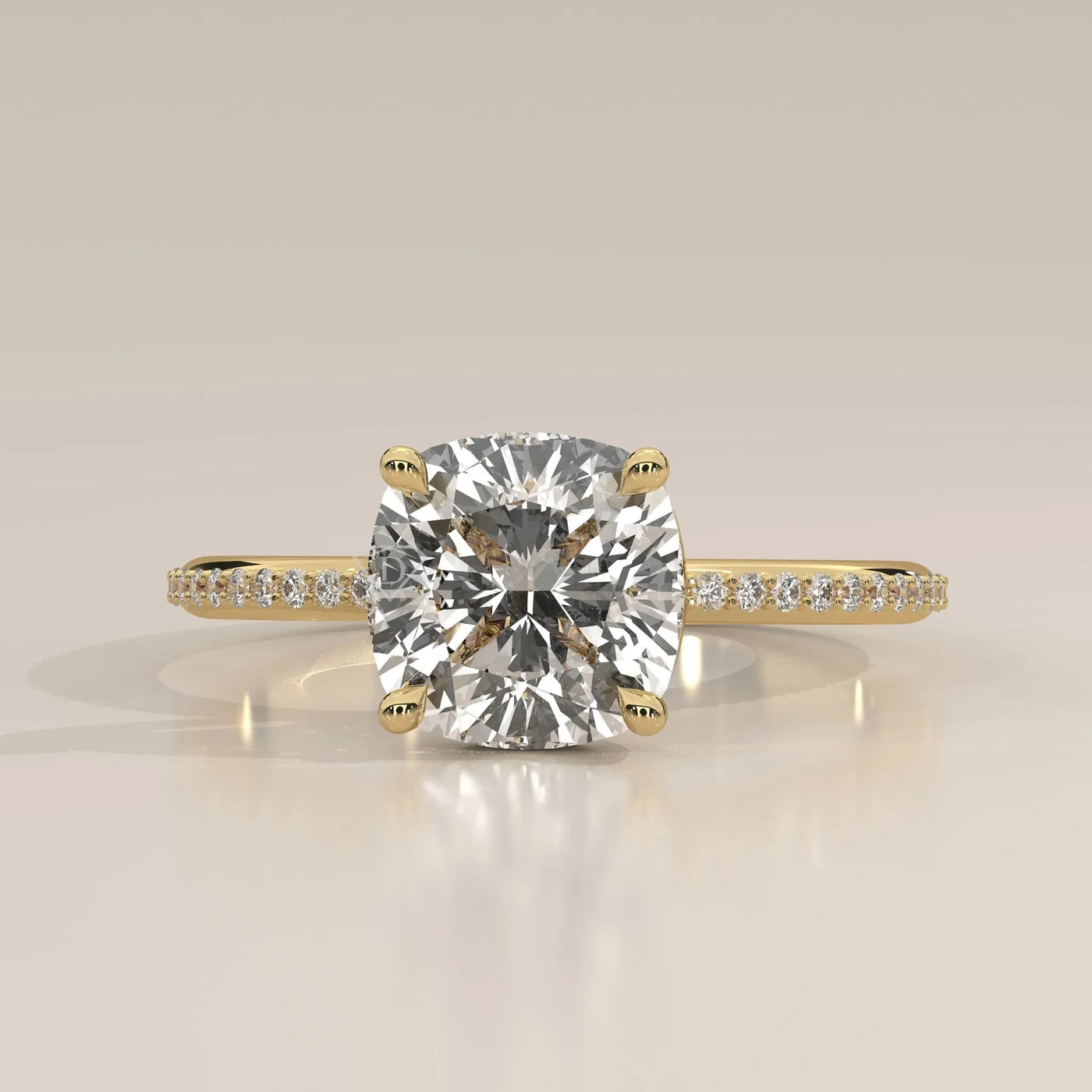Front View: Cushion Diamond Ring with Pavé Setting in Yellow Gold – Lab Grown – Driona Jewels