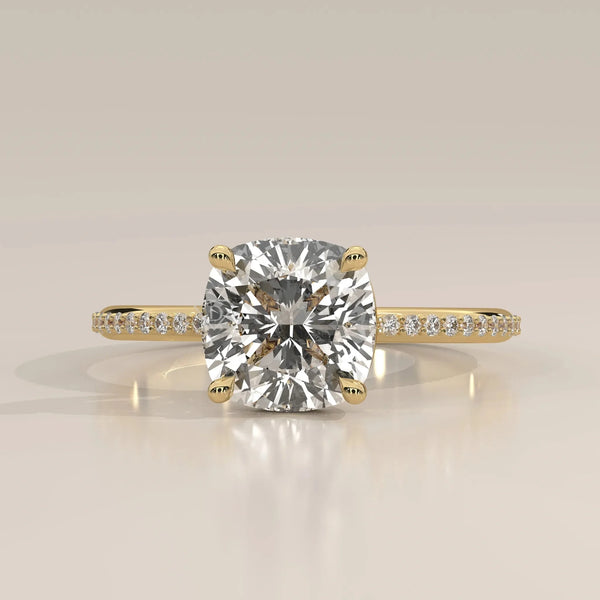 Front View: Cushion Diamond Ring with Pavé Setting in Yellow Gold – Lab Grown – Driona Jewels