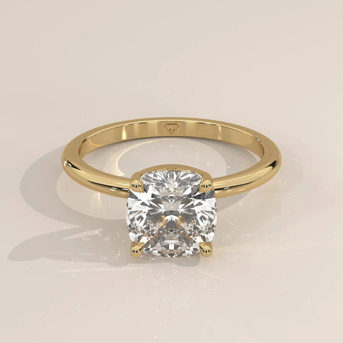 Front View: Cushion Diamond Ring with Solitaire Setting in Yellow Gold – Lab Grown – Driona Jewels