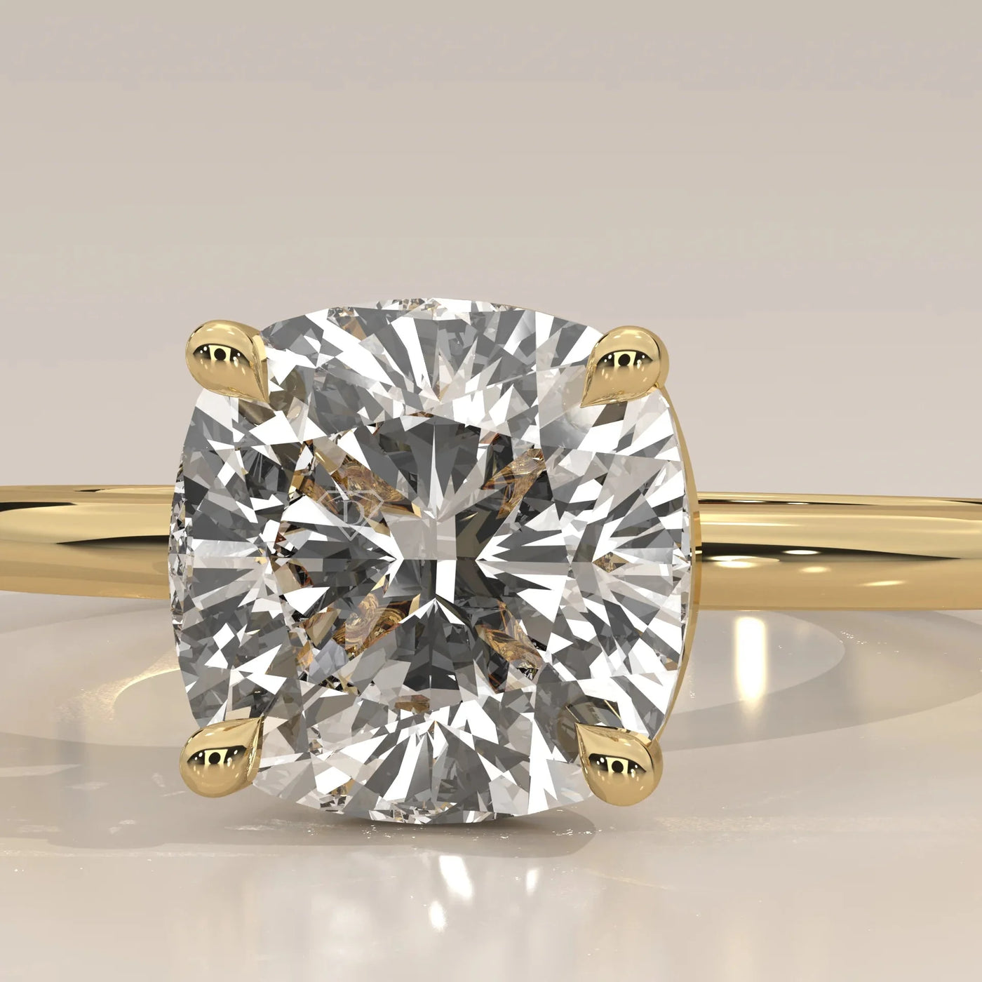 Front View: Cushion Diamond Ring with Solitaire Setting in Yellow Gold – Lab Grown – Driona Jewels