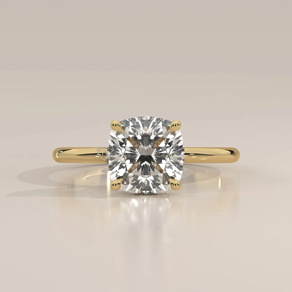Front View: Cushion Diamond Ring with Solitaire Setting in Yellow Gold – Lab Grown – Driona Jewels
