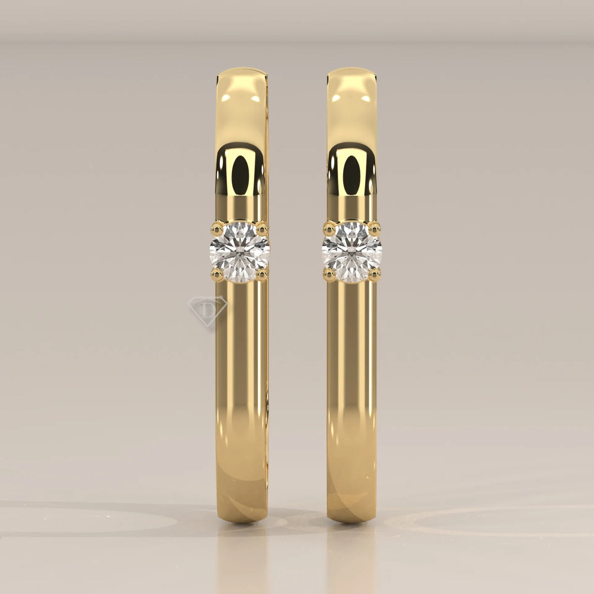 Front View: Round Diamond Hoop Earrings with Prong Setting in Yellow Gold – Lab Grown – Driona Jewels