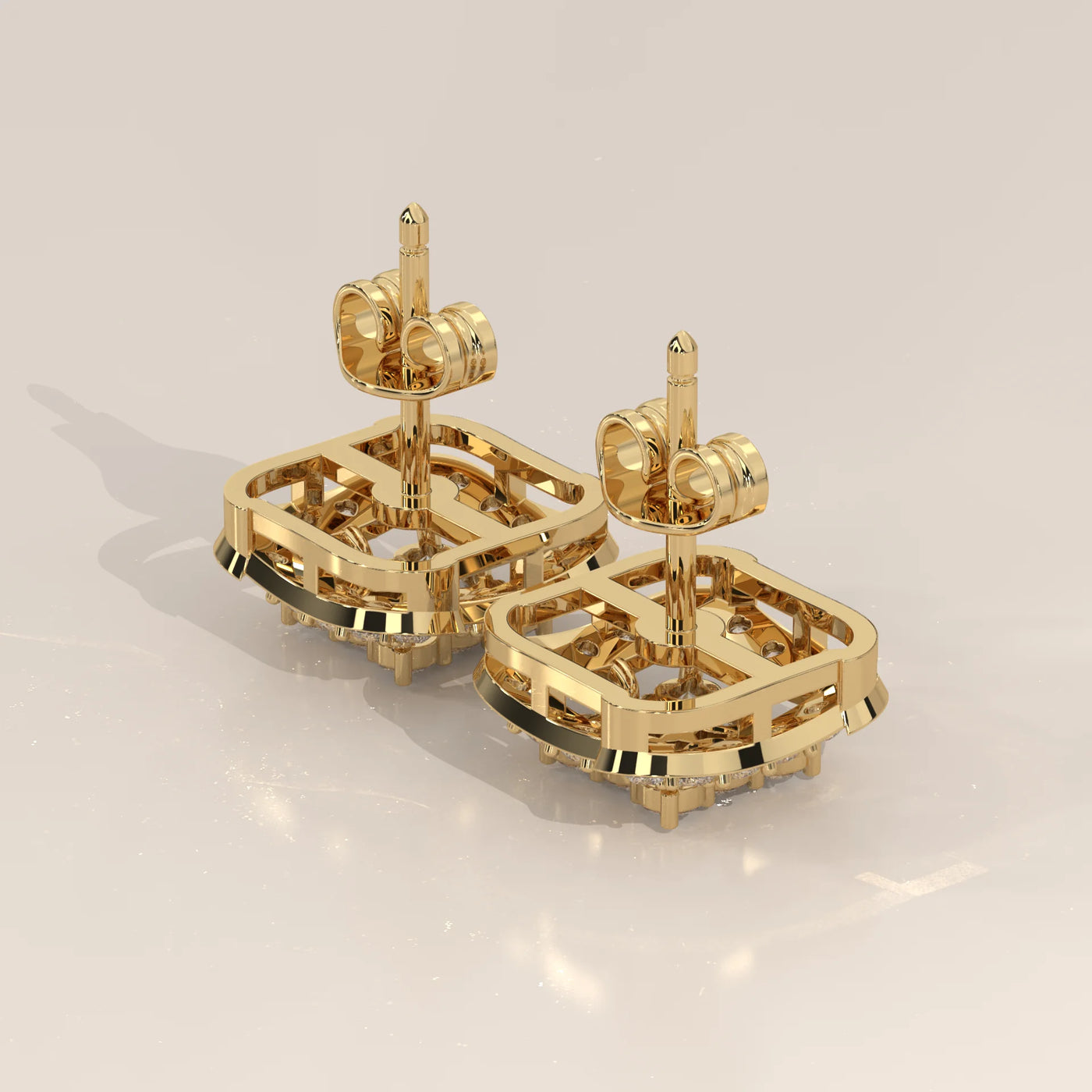 Angle View: Round Diamond Stud Earrings with Halo Setting in Yellow Gold – Lab Grown – Driona Jewels