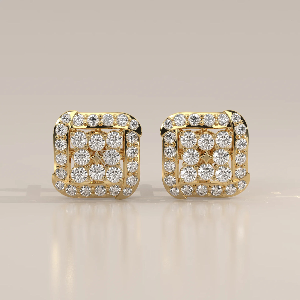 Front View: Round Diamond Stud Earrings with Halo Setting in Yellow Gold – Lab Grown – Driona Jewels