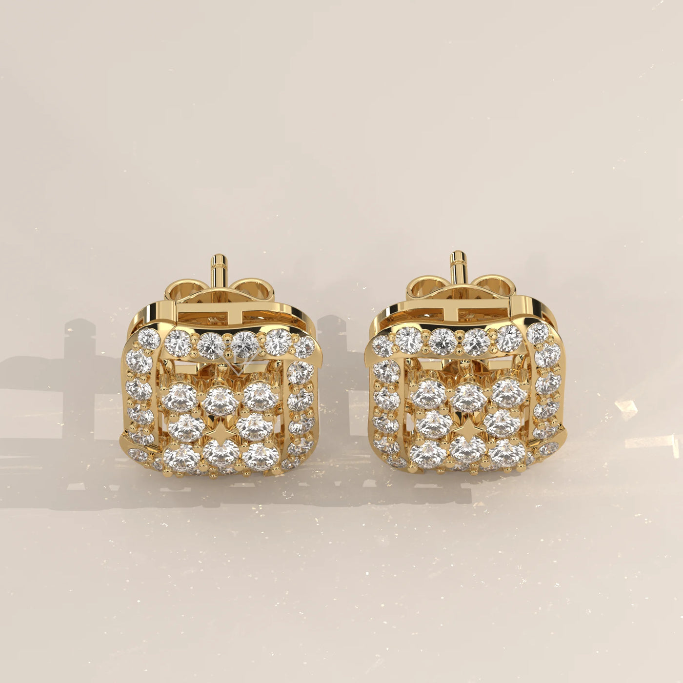 Pair Front View: Round Diamond Stud Earrings with Halo Setting in Yellow Gold – Lab Grown – Driona Jewels