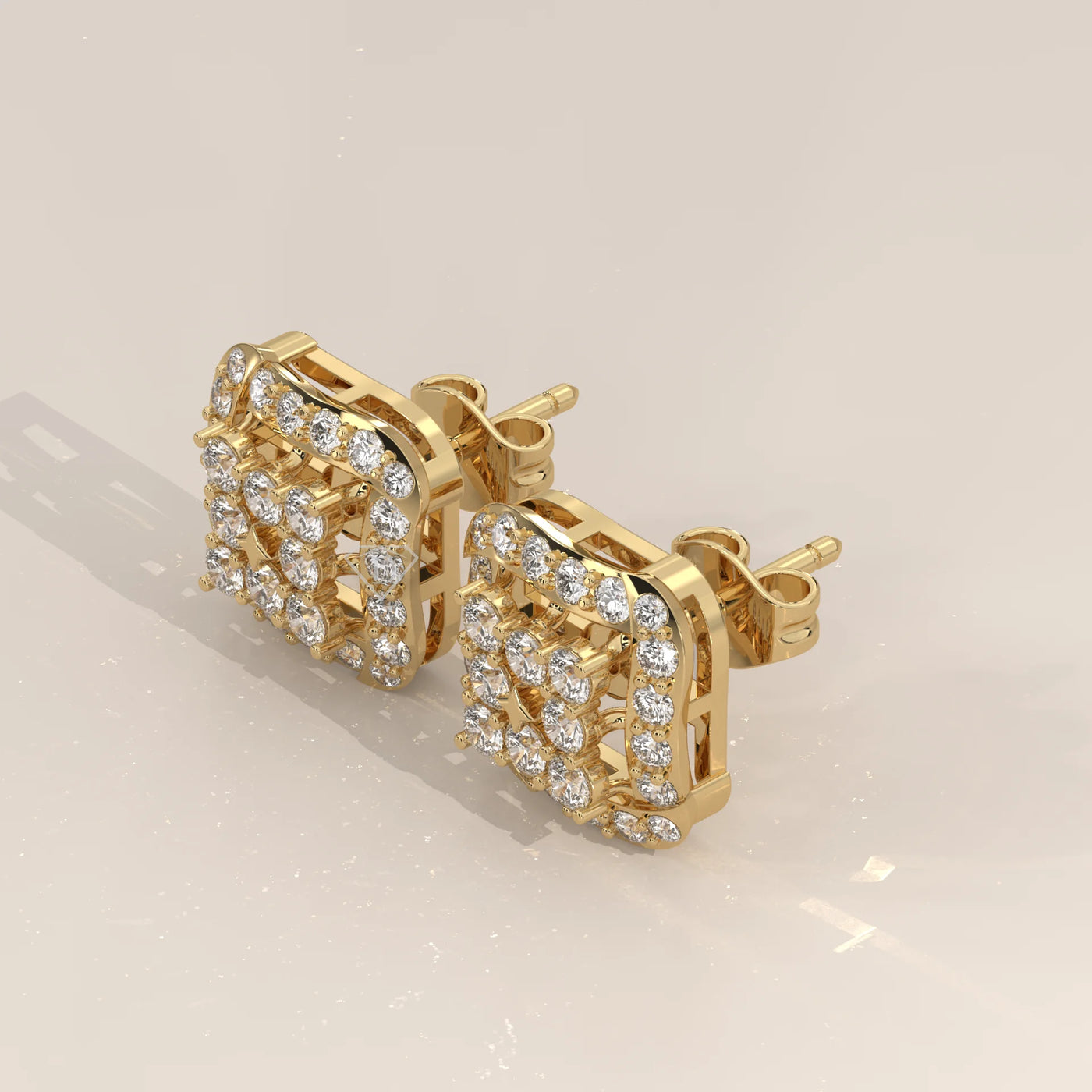 Three-Quarter View: Round Diamond Stud Earrings with Halo Setting in Yellow Gold – Lab Grown – Driona Jewels