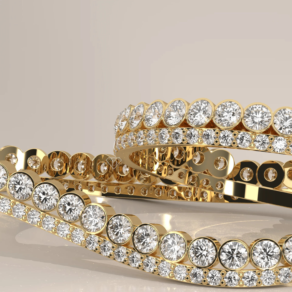 Round Lab Grown Diamond Two Finger Wave Ring with Bezel Row in yellow gold, photographed at a three-quarter angle.
