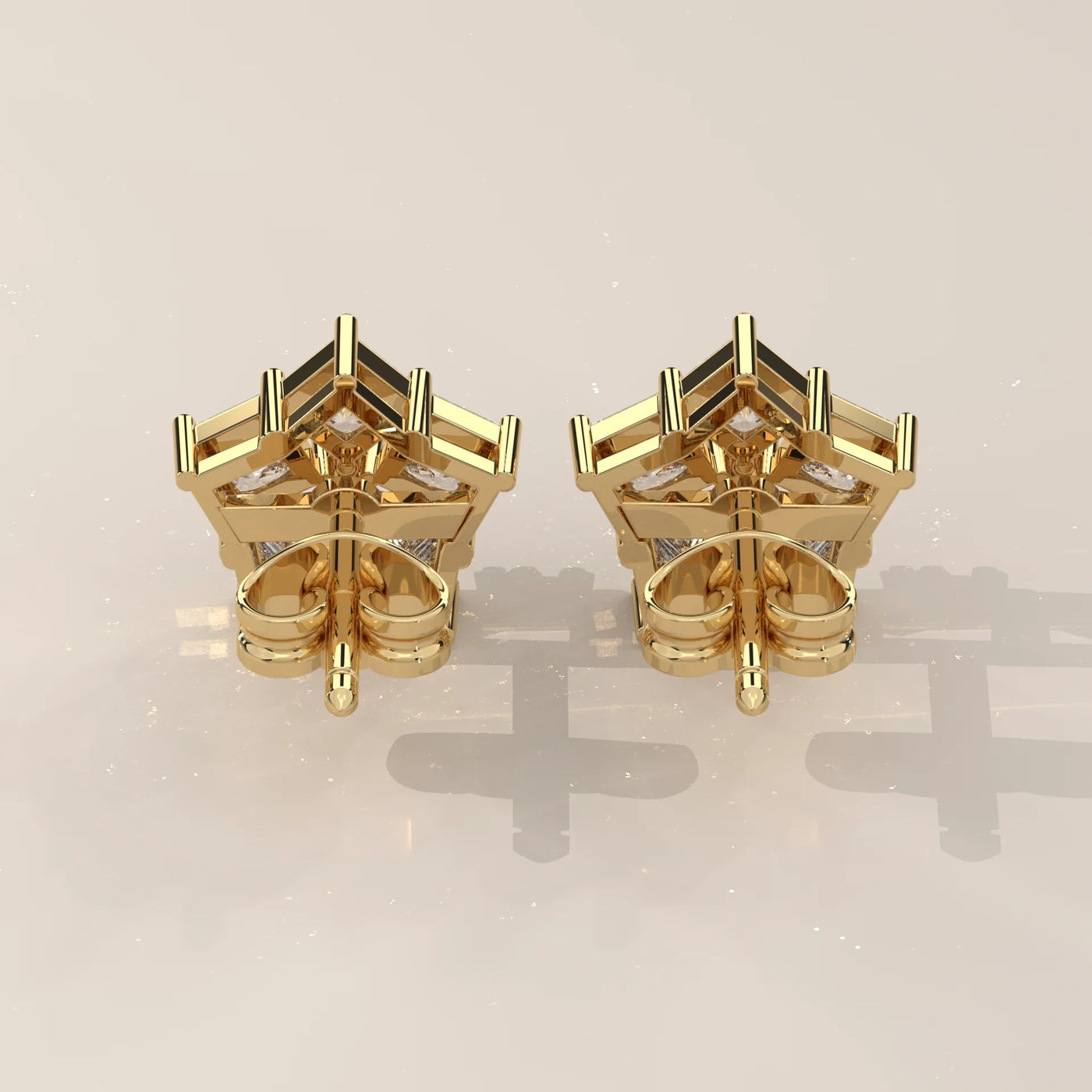 Back View: Round Diamond Stud Earrings with Cluster Setting in Yellow Gold – Lab Grown – Driona Jewels